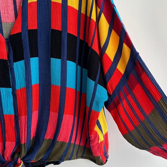 Express Colorblock Tie Waist Blouse, Red/Blue/Yellow/Orange, Size Medium - Picture 16 of 16